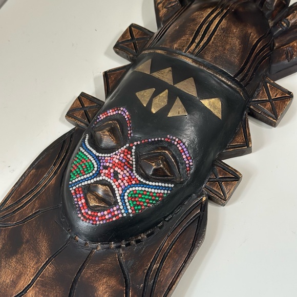 Vintage Handcrafted Wood Brass African Tribal Mask - Picture 4 of 13